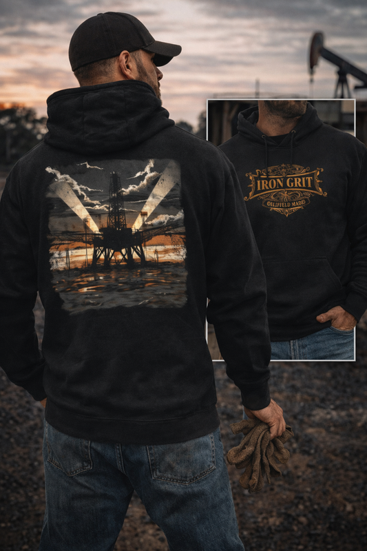 Oilfield Rig Sunset Iron Grit Pride Hoodie | Three-Panel Fleece